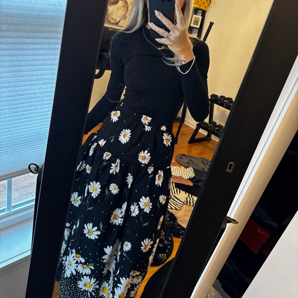 Floral Black Skirt vintage sunflower spring summer size small black cotton print